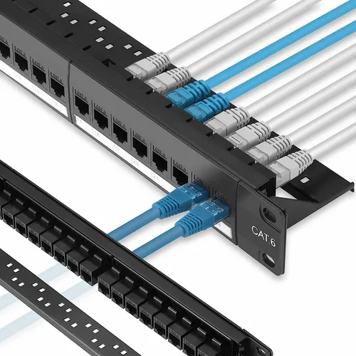Panel de conexión ZoeRax 24 puertos Cat6 Cat6a Cat7 con Keystone en línea 10G, panel de conexión acoplador RJ45 de 19 pulgadas con barra trasera extraíble