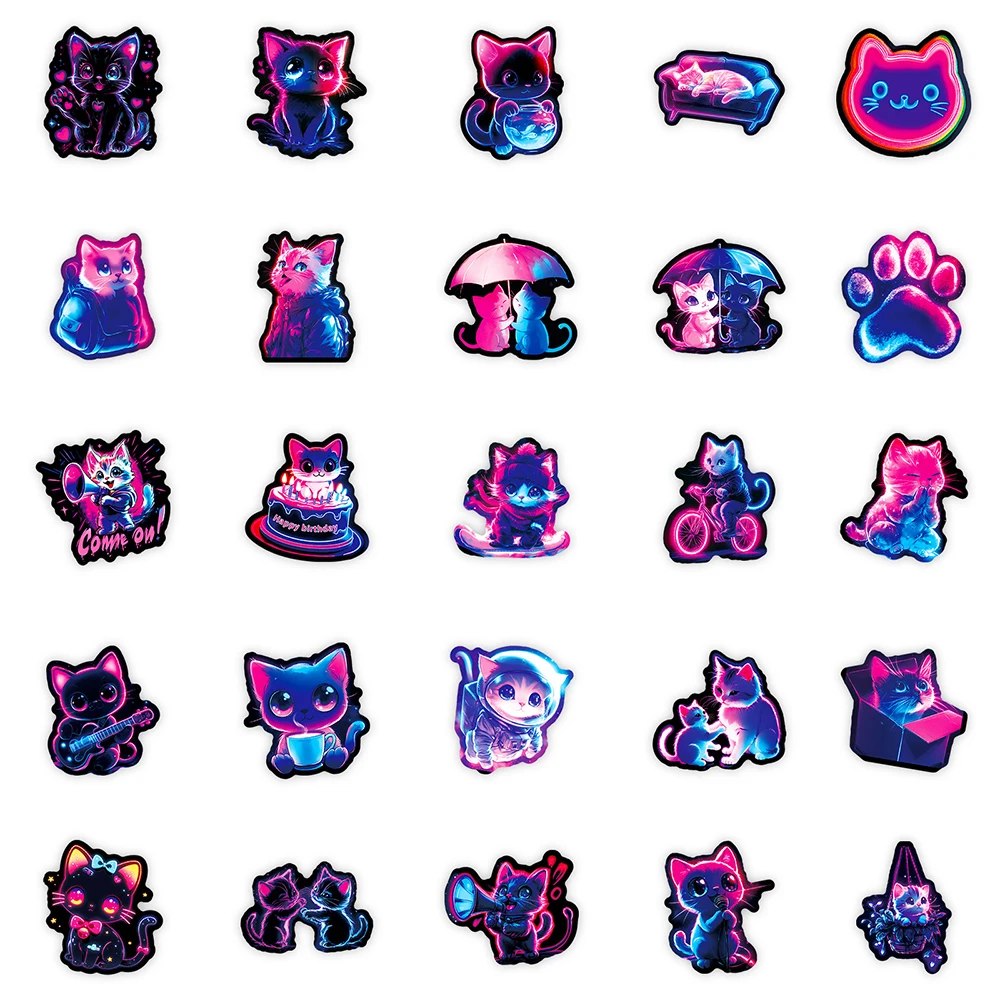 10/30/50pcs Dessin Animé Néon Chat Mignon Graffiti Autocollants Esthétique Animal Autocollants BRICOLAGE Papeterie Téléphone Portable Autocollant Étanche Jouet