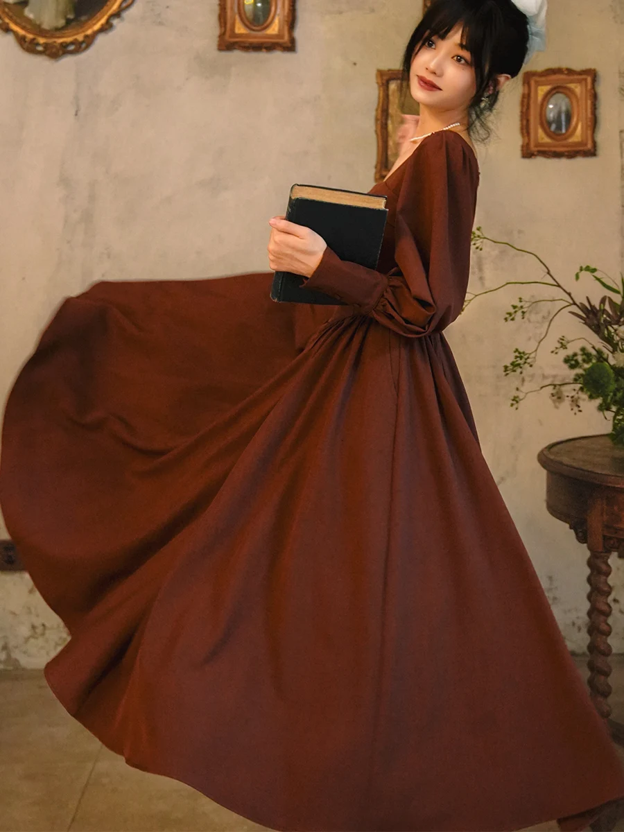 TIYIHAILEY Lente Herfst Vrouwen Jurk Volledige Lantaarn Mouw Lange Mid-Kalf Dames S-XL Vintage Hoge Taille 2025, Nieuwe Vierkante Kraag