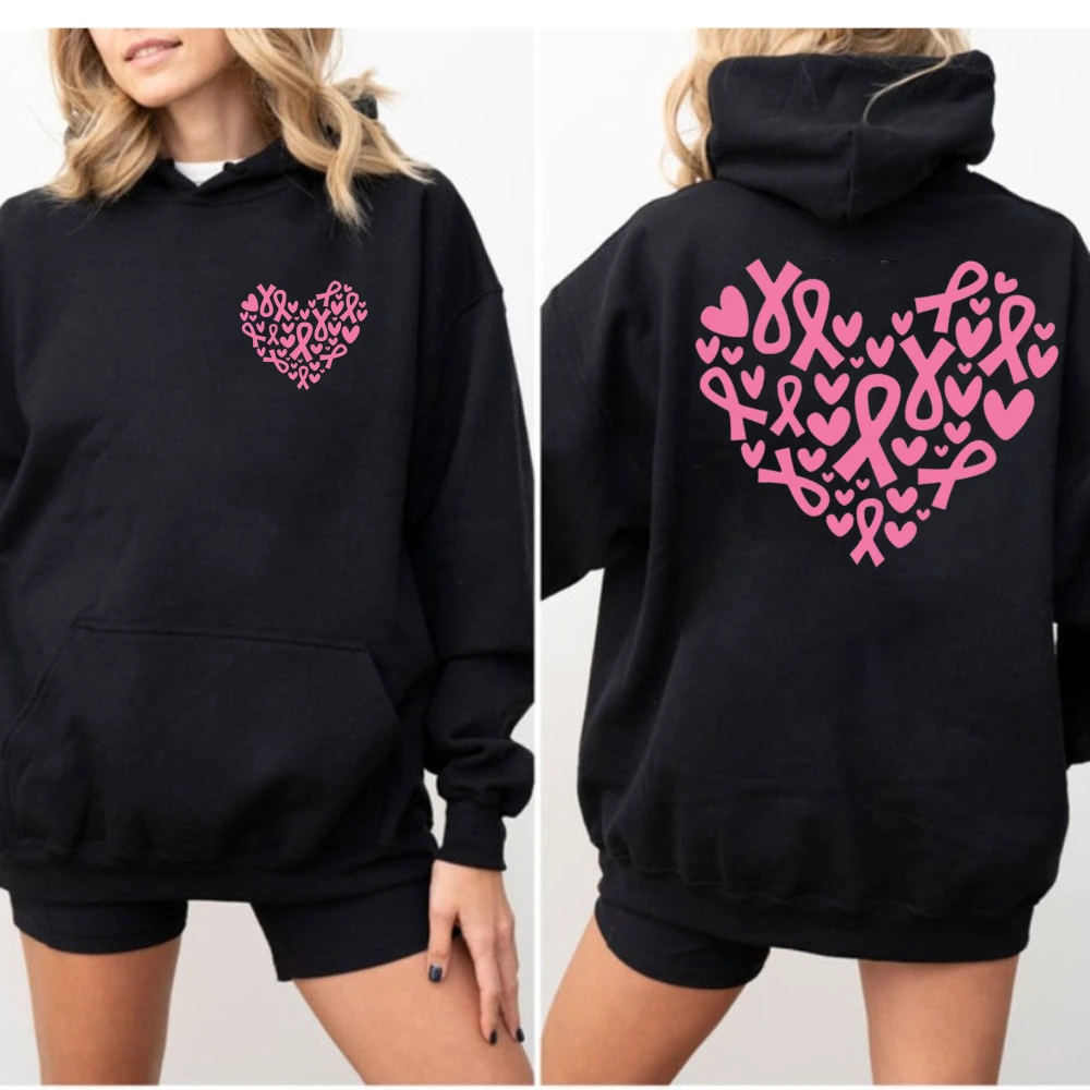 Breast Cancer Awareness Hoodie Pink Ribbon Heart Love Save Lives Survivor Support Men Women Long Sleeve Sweatshirt Cozy Fall Top