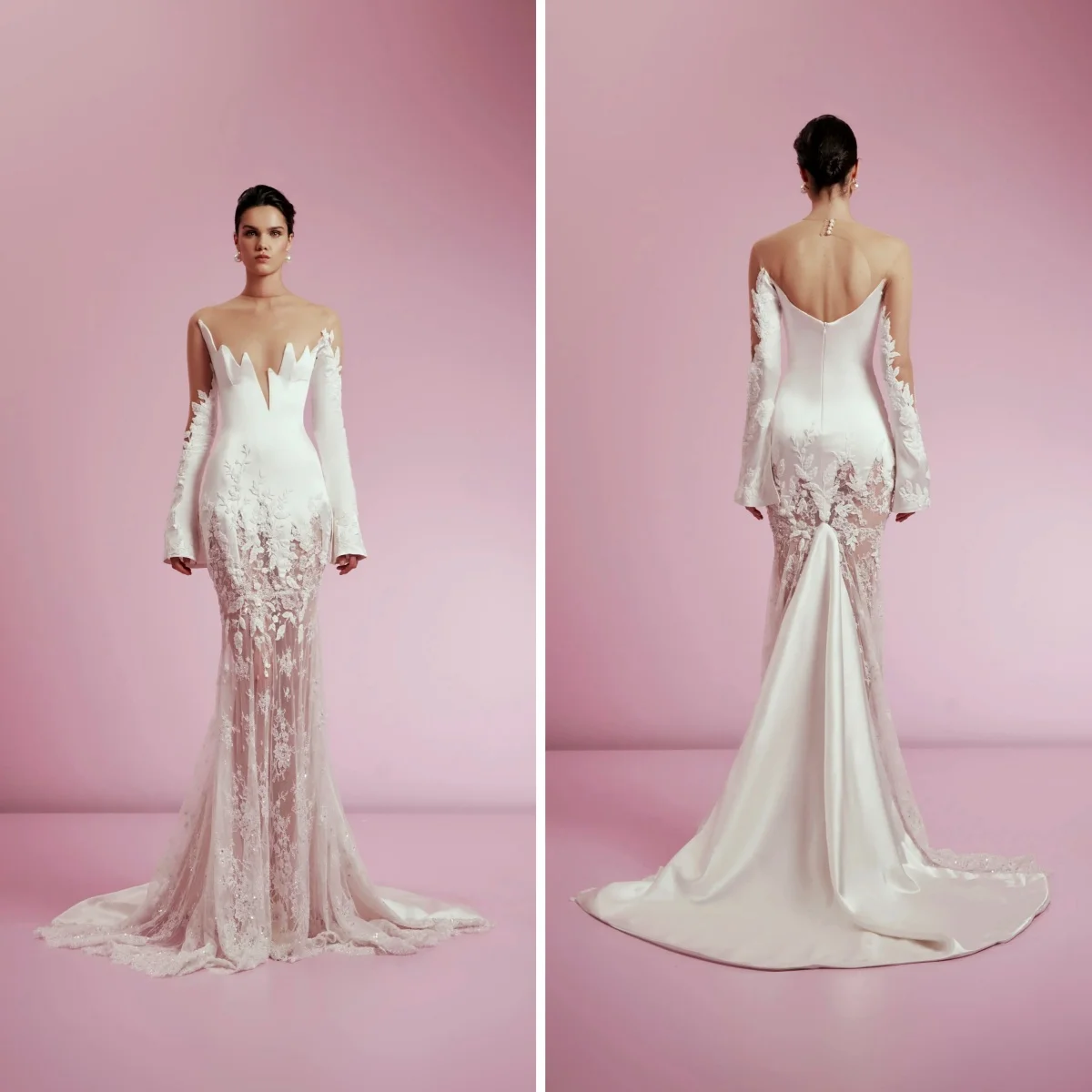 Noble Mermaid Bride Wedding Dresses Mermaid Irregular Collar Appliques Full Sleeve Brush Train Elegant Bridal Gowns Customized