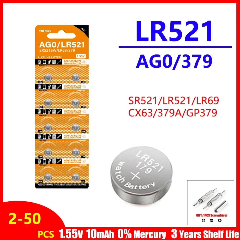 Baterias de botão lr521 ag0 de alta capacidade, 5-50 peças sr521sw 379a 379 d379 sr63 1.5v, célula tipo moeda alcalina, bateria de relógio de óxido de prata