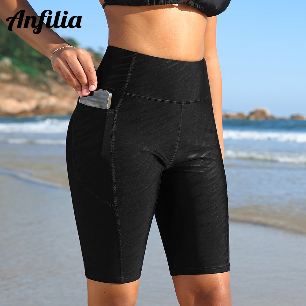 Anfilia Women Swimming Shorts Solid High Waist Waterproof Side Pockets with Soft Front Lining Skinny High Stretchy Swim Trunks