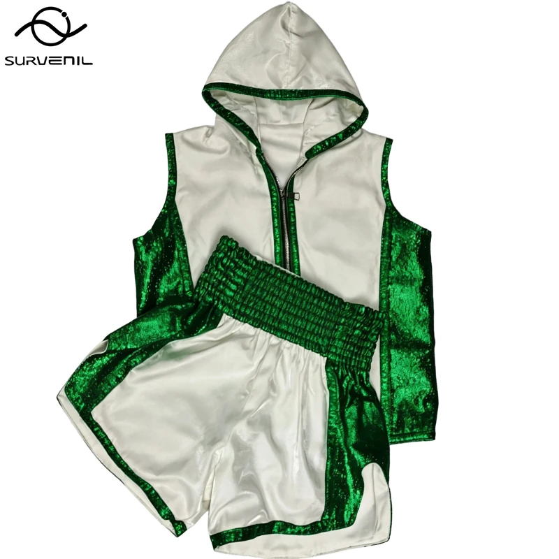Boxing Outfit Set Satin Hooded Jacket & Shorts Shiny Brazilian Green White MMA Muay Thai Kickboxing Training Competition Uniform