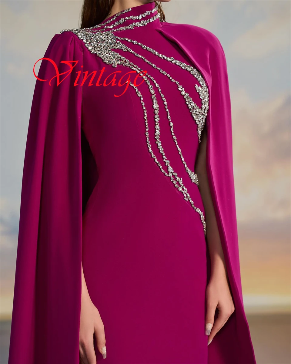 

Customized Classic Rose red Jersey Evening Dress Graceful High Neckline Shawl Buttons Back Beading Mermaid Homecoming Dress