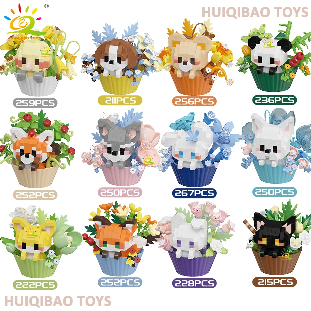 HUIQIBAO Cartoon-Tier-Cupcake-Topf Mikro-Baustein-Set Fuchs Welpen Katze Haustier Blumenstrauß DIY-Bausteine Tischdeko Spielzeug – Detail 8