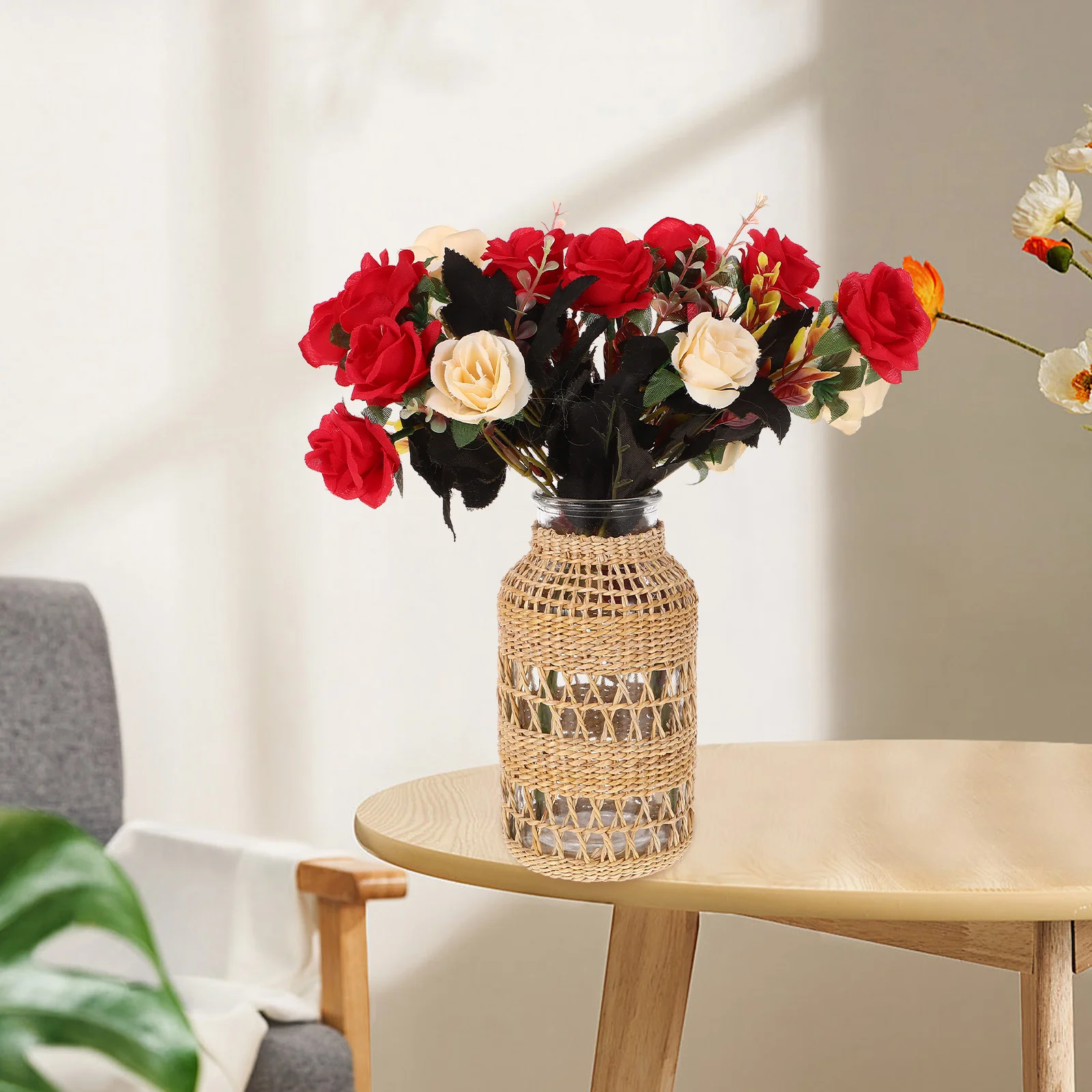 

Rattan Woven Glass Vase Handcrafted Boho Decorative Vase for Plants Dried Flowers Home Office Desktop Decoration Simple Art