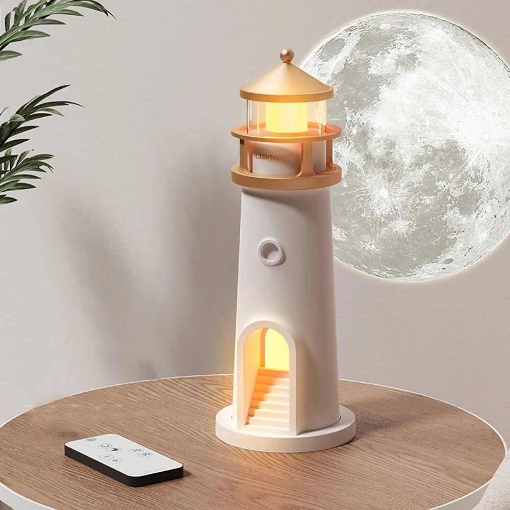 LED Moon Projection Lighthouse Body Induction Dimmable Ambient Night Light Bluetooth Speaker Desktop Decoration Light for Gift