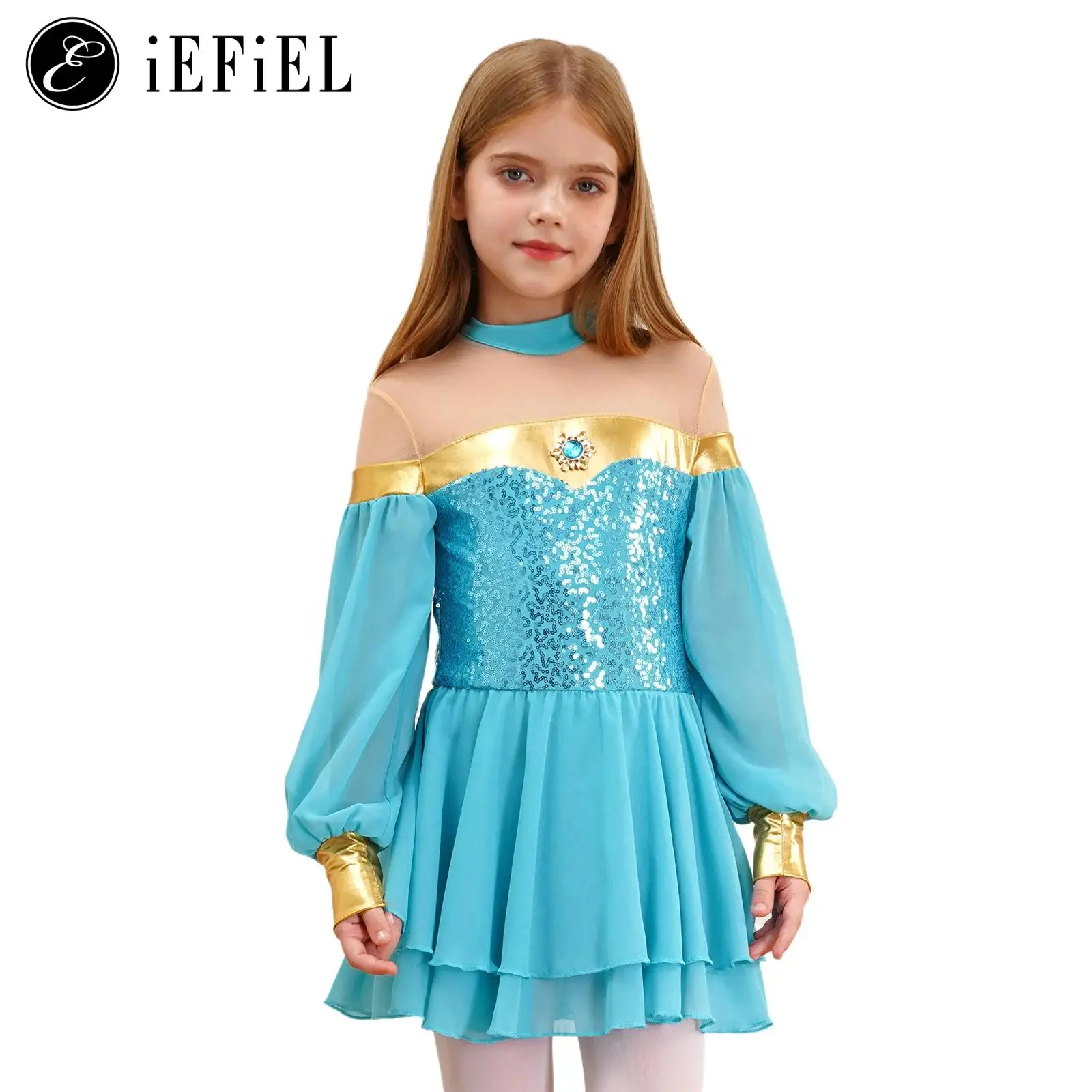 

Arabian Princess Halloween Cosplay Costume for Girls Off Shoulder Mesh Loose Long Sleeve Sequins Dance Dress