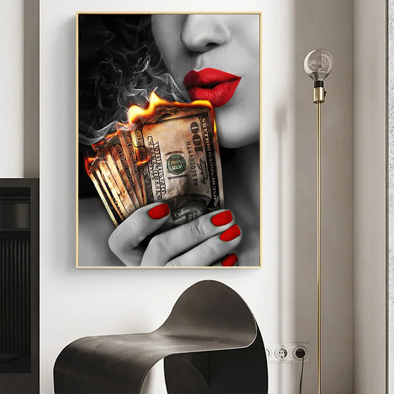 Sexy Red Lips Women Burning Money Cash Posters and Prints Canvas Paintings Fashion Girl Portrait Wall Art Picture Bar Home Decor - view 5