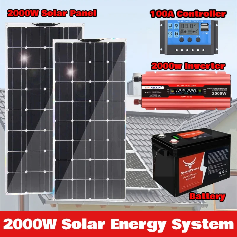 

2000W Solar Panel Kit with Inverter & Battery Complete Off-Grid Power System for Home, RV, Cabin High Efficiency Energy