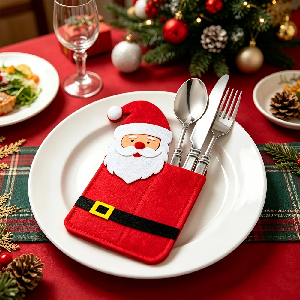 4Pcs Christmas Santa Claus Cutlery Bag, Cartoon Knife Fork Holder Pouch Xmas Table Decorative Tableware Sleeve for Holiday Party
