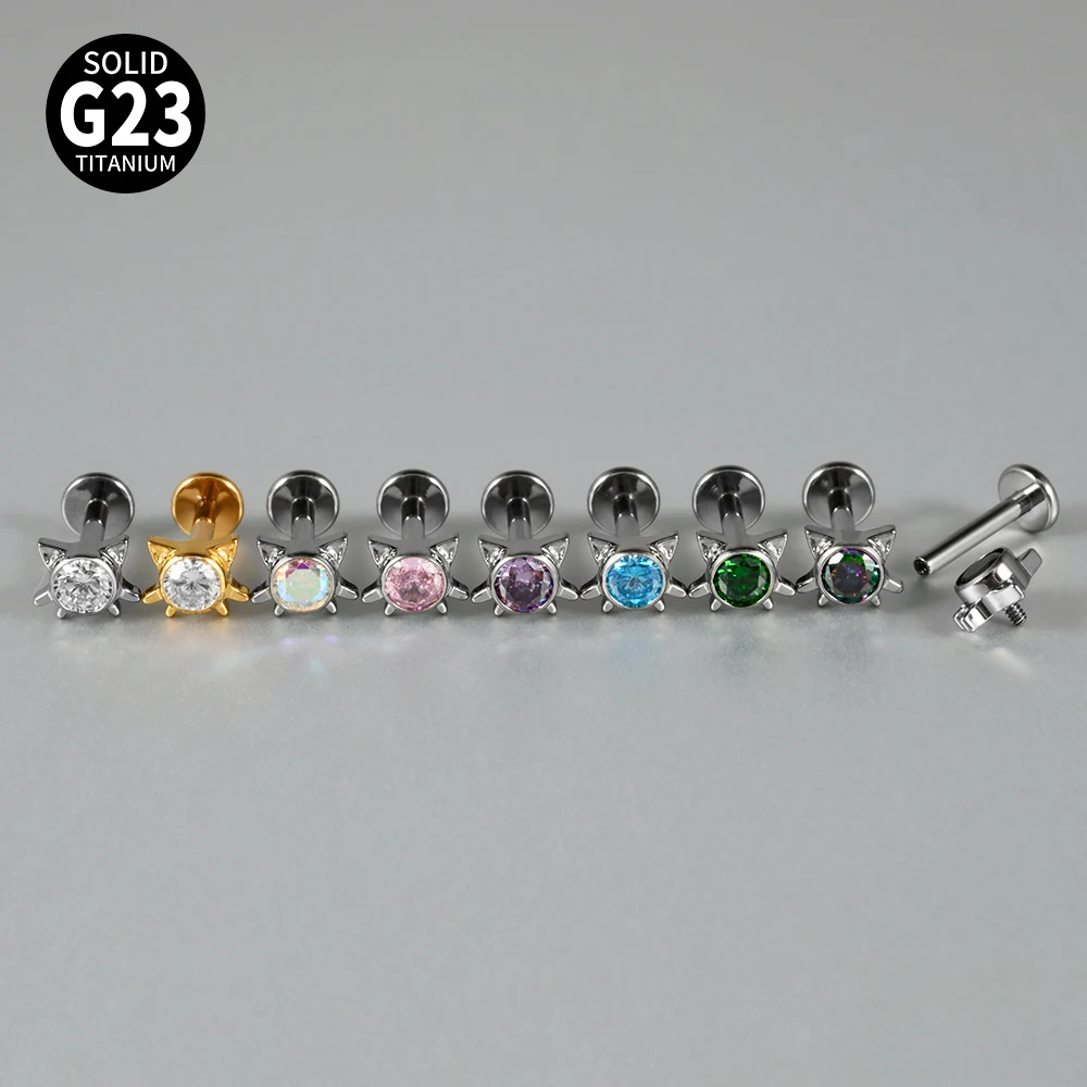1PC Titanium Zirconia Cute Cat Rook Helix Stud Tragus Cartilage Earrings Animal Lobe Labret Lip Fashion Piercing Jewelry 16G
