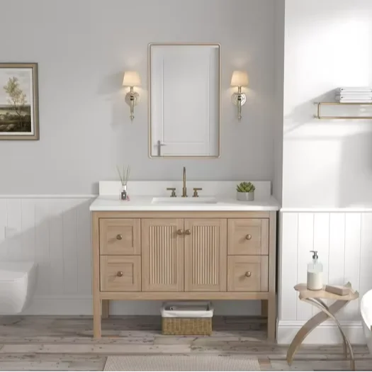 Modern Oak Bathroom Vanity Cabinet with White Quartz Countertop, 48/60 Inch Freestanding Bathroom Storage Vanity