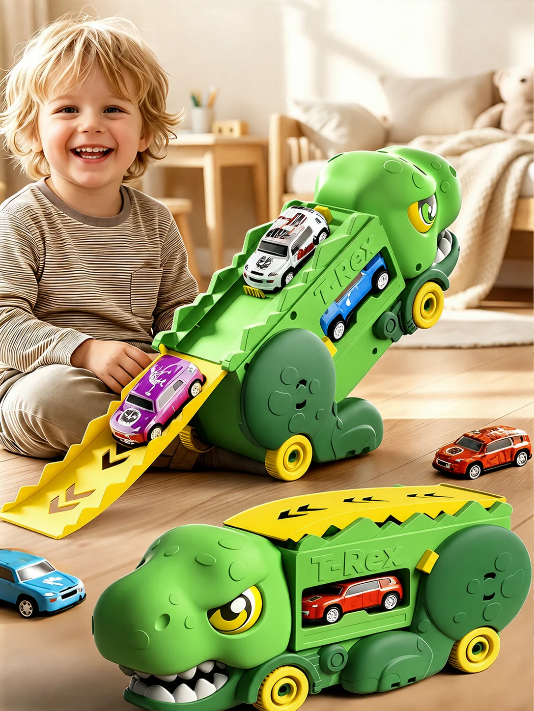 2-in-1 T-Rex Transforming Toy Car, Dinosaur Storage and Track Set, Comes with 4 Mini Cars, Gravity-Powered, Kids' Birthday Gift
