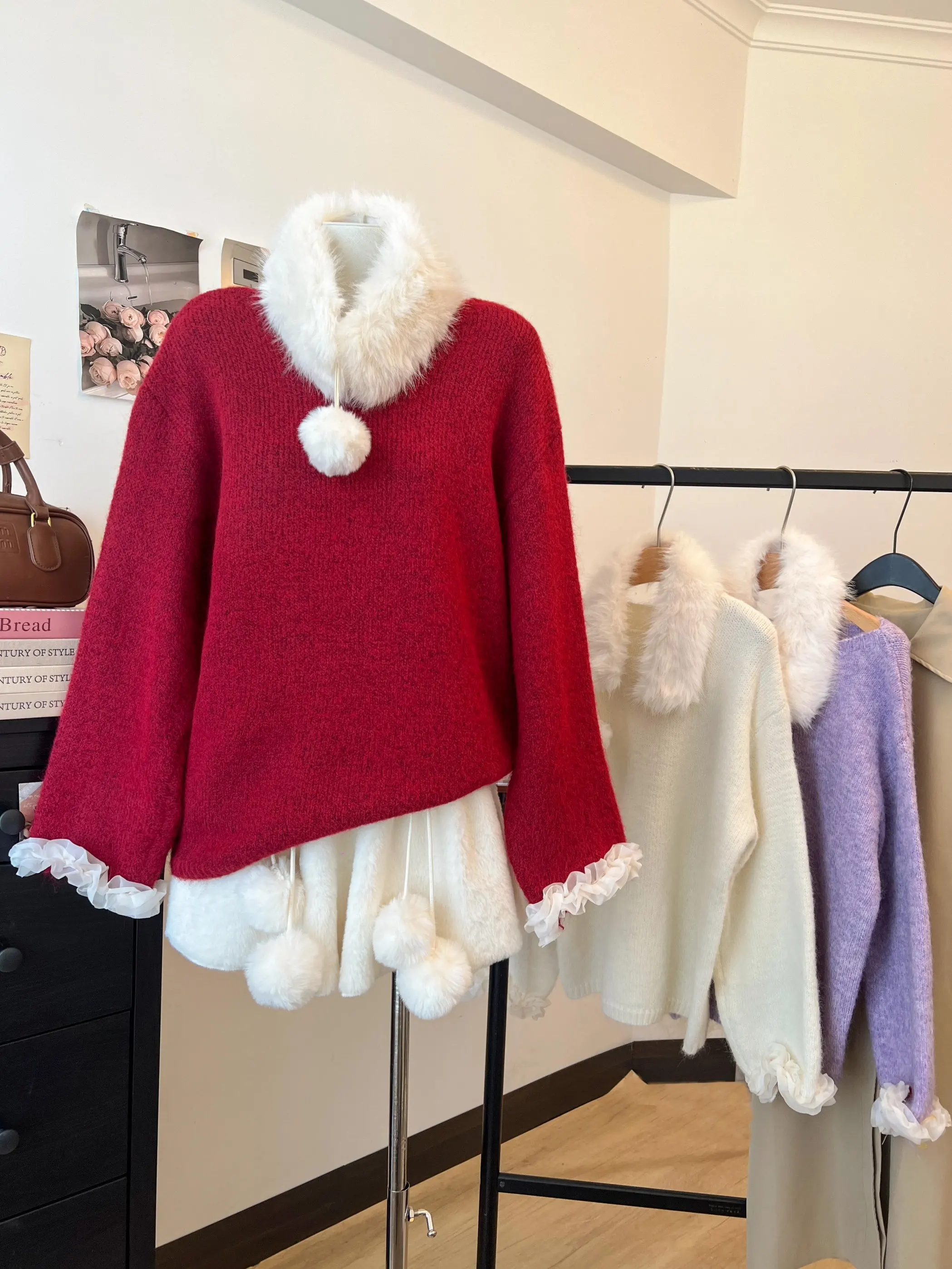 

Kumikumi Anti-Aging Long Sleeve Knitwear Women's Spring New Chic Loose Versatile Faux Fur Collar with Wood Grain Ruffle