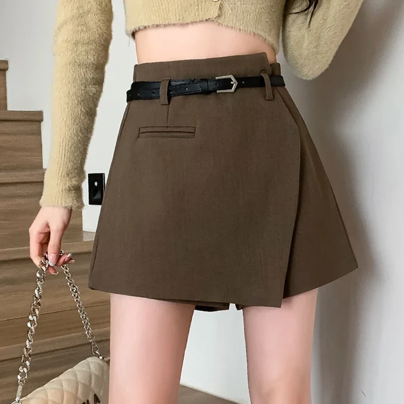 Gray Irregular Women's Skirts Shorts with Belt 2024 Fall High Waist Elegant Fashion Office Work Short Pants