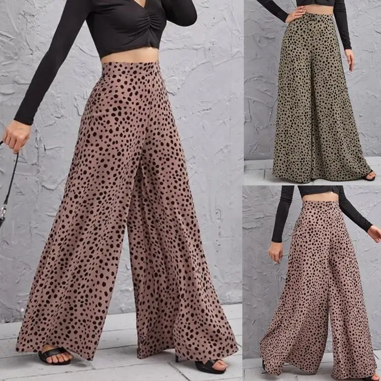 High Waist Draped Wide Leg Pants Swinging Casual Style Loose Fit for Middle-Aged Women Winter Collection Printed Fabric