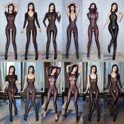 Medias de cuerpo entero brillantes de aceite negro para mujer, Body erótico de entrepierna abierta, mono Sexy, disfraces de Cosplay, ropa de club de Pole Dance