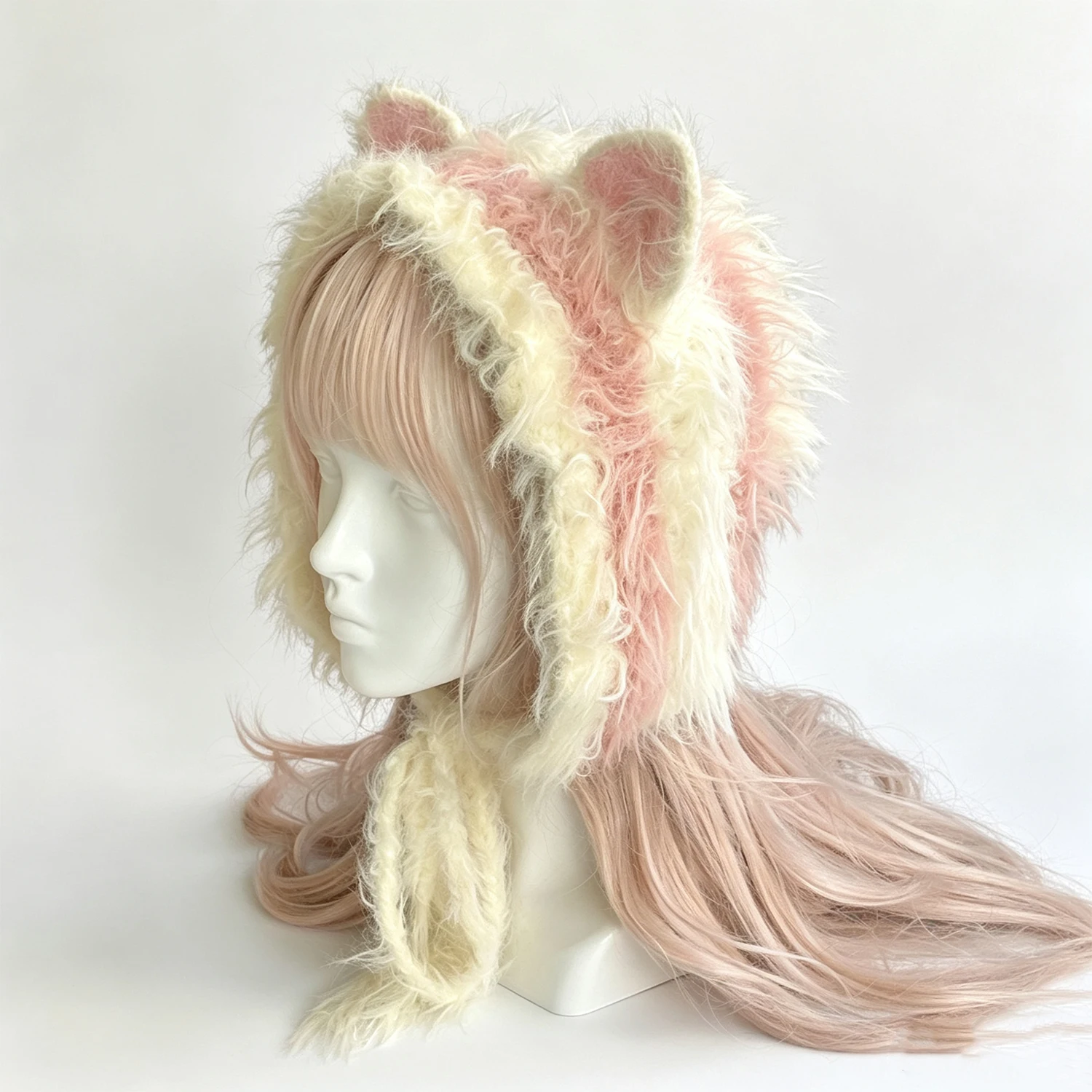 Custom Handmade Crochet Yellow Pink Cat Ear Hat Woman Soft Fuzzy Knitted Hood Girl Kawaii Fairycore Lolita Winter Earflap Cap