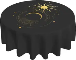 Gold Sun Moon Tablecloth Sacred Line Black Round Tablecloth 60 Inch Waterproof Tablecloth for Party Picnic Tabletop Dining Room