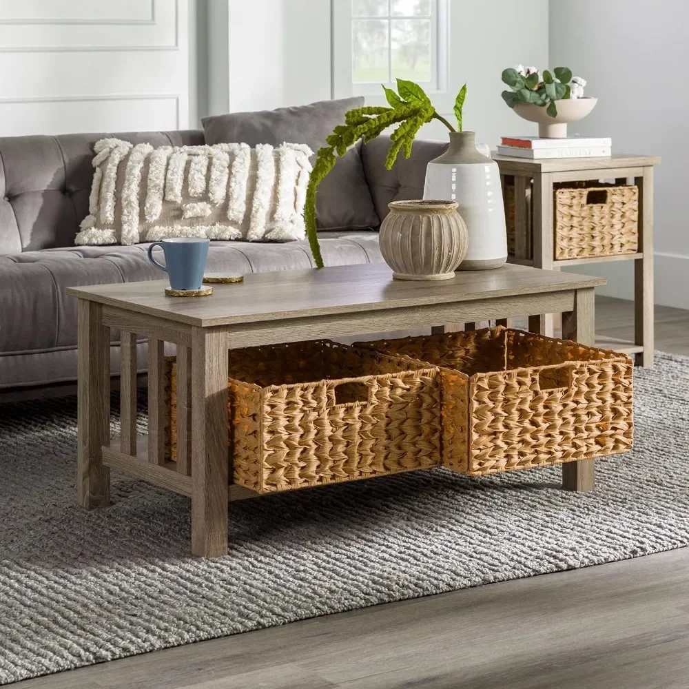 40 Inch Side Table Living Room Tables Alayna Mission Style Two Tier Coffee Table With Rattan Storage Baskets Driftwood Furniture
