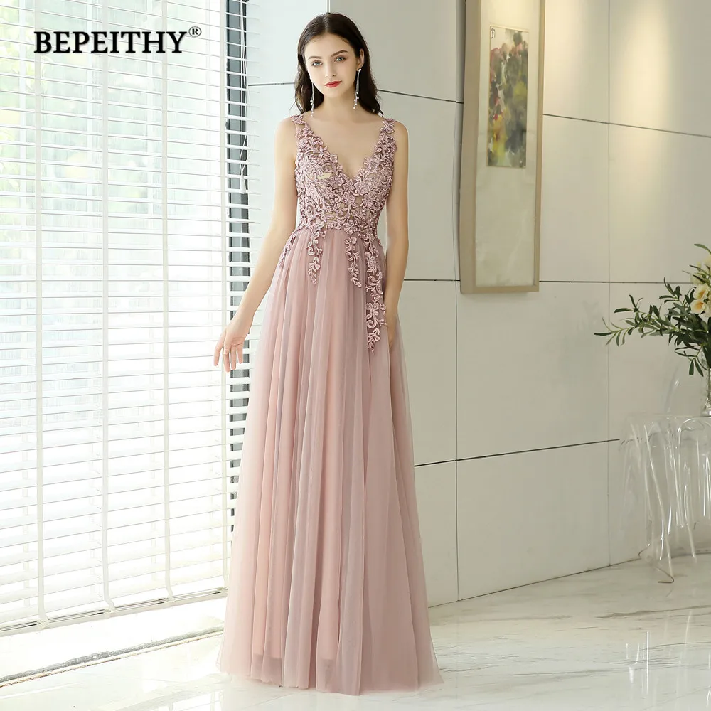 BEPEITHY Customized V-neck Pink Party Dresses For Women 2023 Lace Appliques Slit Vestidos De Ocasión Formales A Line Prom Dress