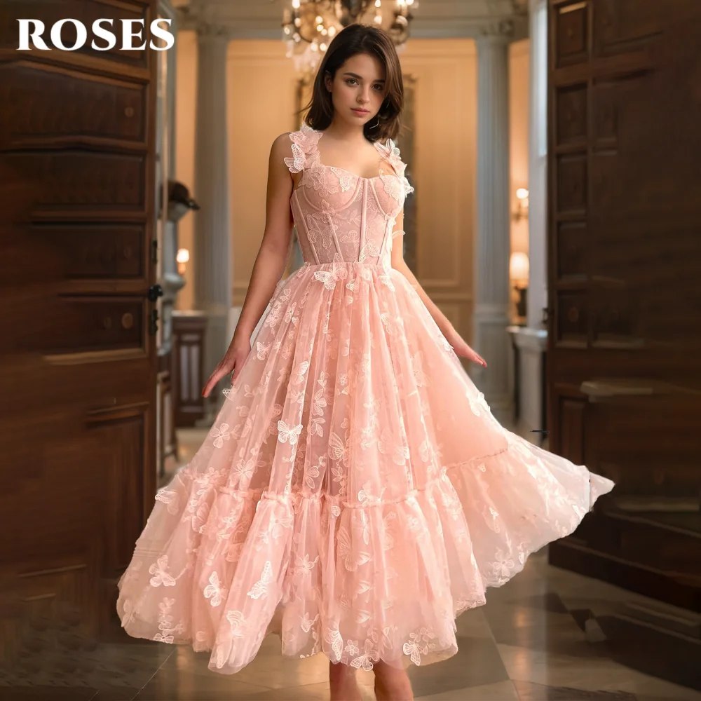 ROSES Pink Elegant Prom Dress Deep Sweetheart 3D-Butterfly Straps Prom Gown with Fishbone Lovely Bow A-Line Ball Gown Customized