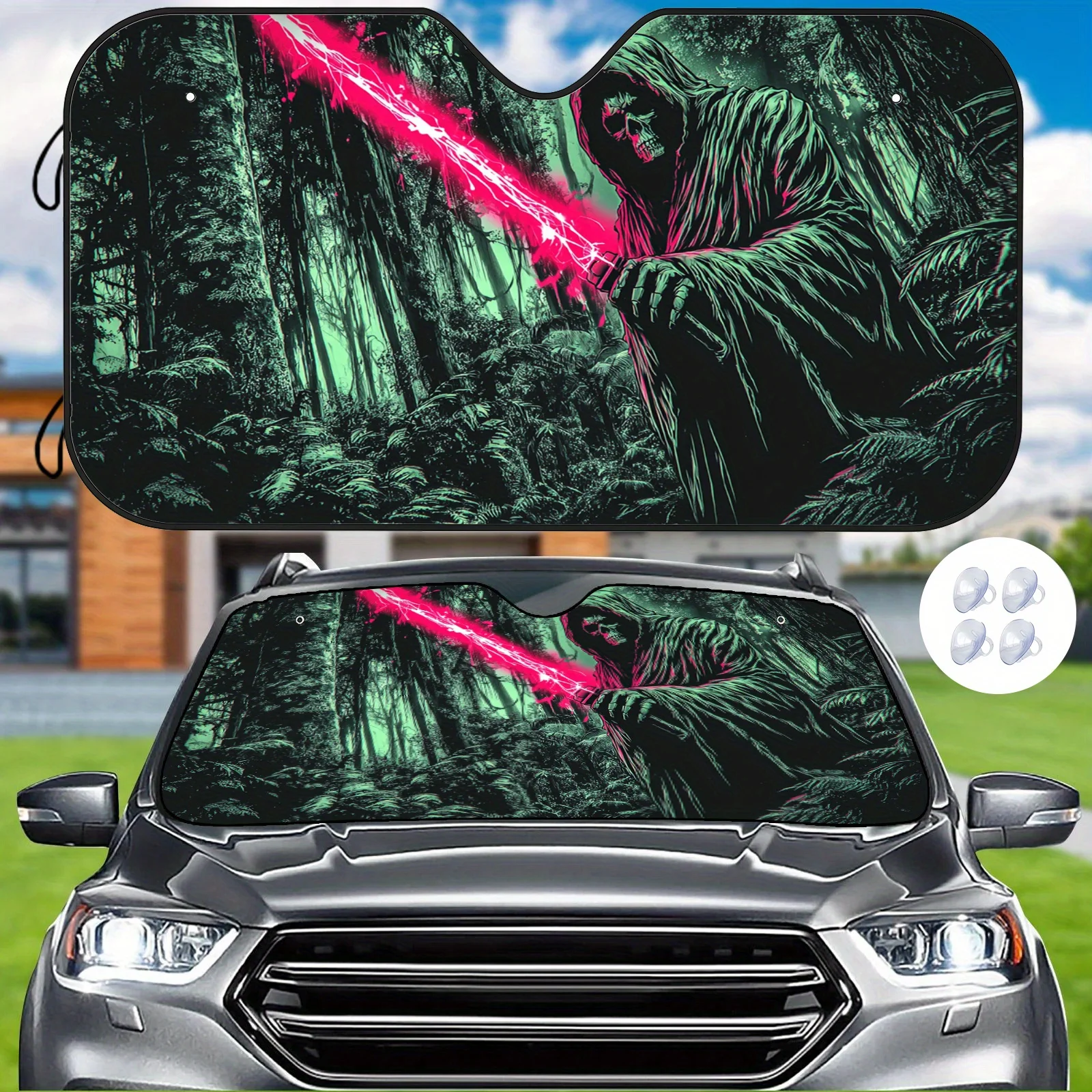 [Dark Forest Skeleton Swordsman Car Sunshade With Grim Reaper Wielding A Sword Design, Suction Cup Installation, Heat Insulation