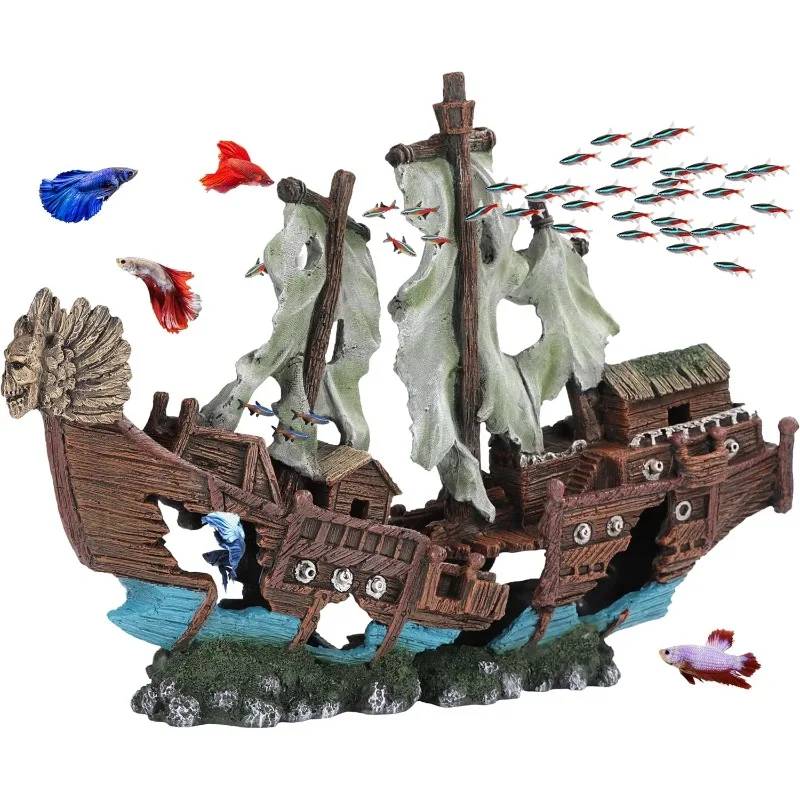 Large Shipwreck Aquarium Decorations Ornament w/Sail (2 Pieces) 20 Gallons high and Larger Fish Tank, Sunken Ship Decora