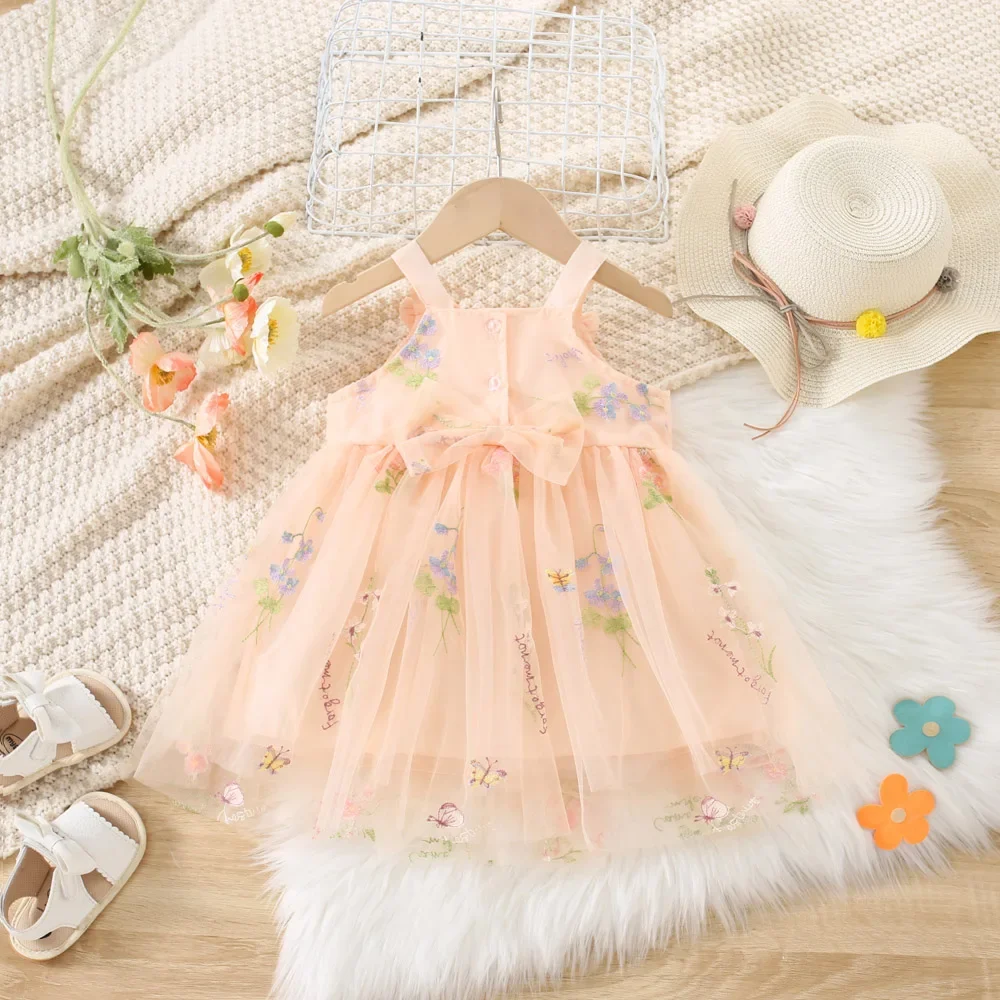 (0-3 Years Old) Summer Mesh Floral Bow Baby Girl Dress Cute And Sweet Double Layered Gauze Girl Princess Dress