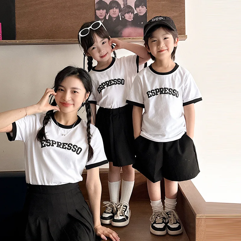 Mom and Children Matching Clothes Mother Son T Shirts Two Piece Sets of Twins Korean Mummy Daughter Tee Tops Skirt 2 Pieces Suit