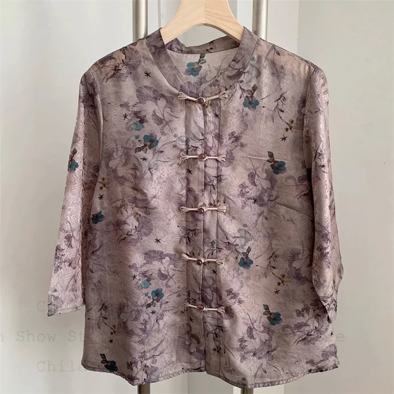 

Vintage Stand Collar Hanfu Top Chinese Improved Tang Clothes Print Qipao Costume Thin Chiffon Shirt Women Summer New Blouse