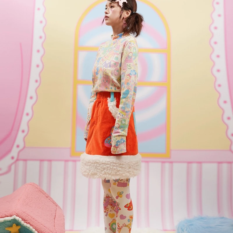 กระโปรงสั้นผ้ากำมะหยี่ลายสัตว์สีส้มแดง ดีไซน์ดั้งเดิม สำหรับผู้หญิง  คอลเลคชั่นฤดูใบไม้ร่วง-ฤดูหนาว น่ารัก นุ่ม หนา