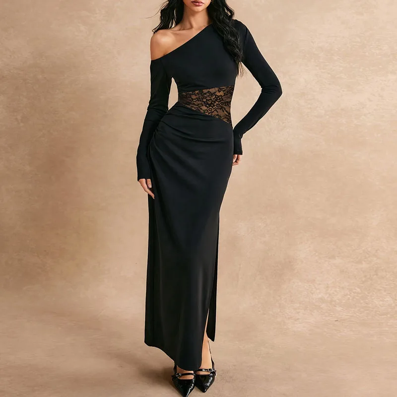 فساتين للنساء جديد كم طويل انحراف طوق شق المرأة فستان سليم الأسود الدانتيل فستان طويل المرأة Vestidos De Verano Mujer Q1893
