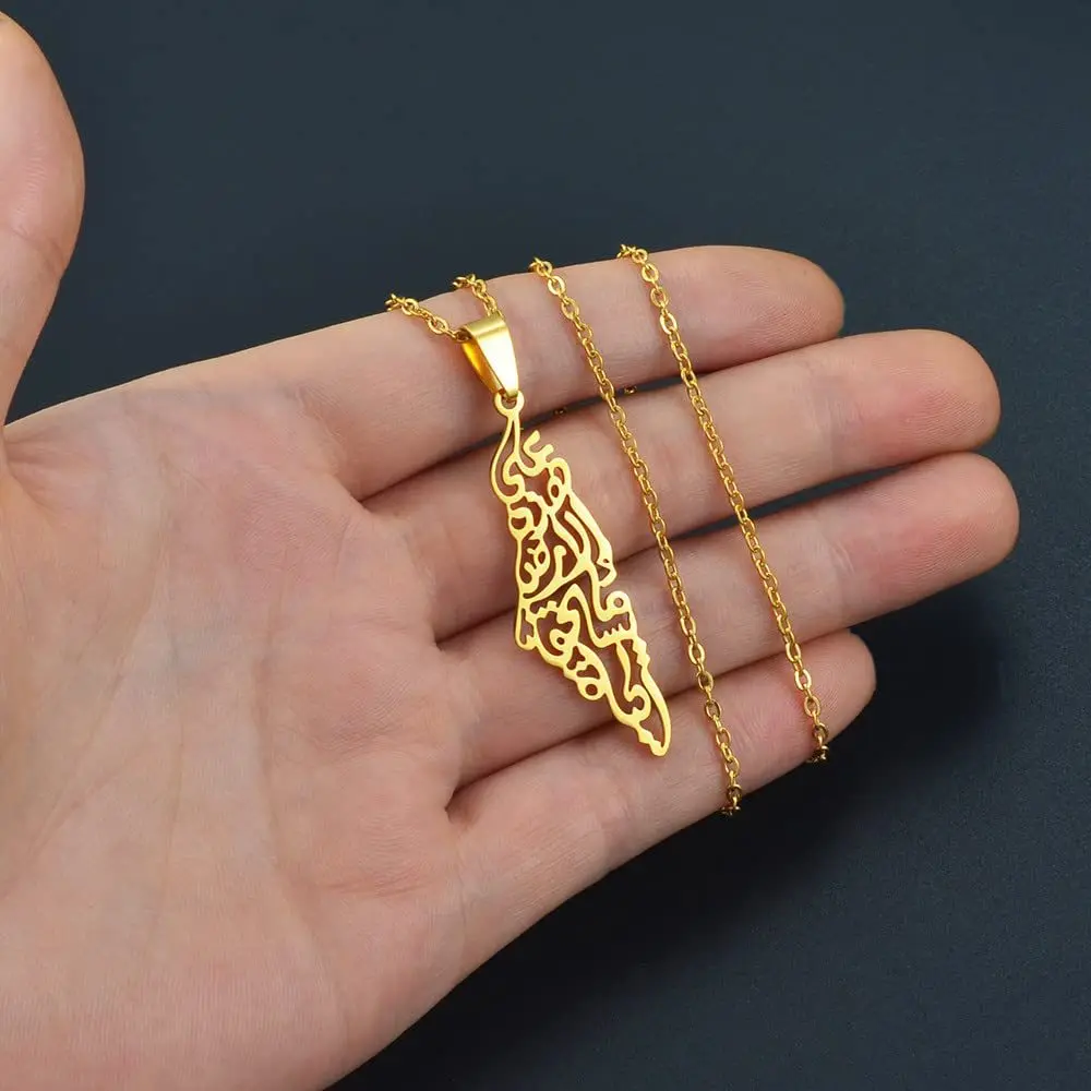 Ethnic Arabic Calligraphy Palestine Map Pendant Necklace For Women Men Stainless Steel Jewelry view 4