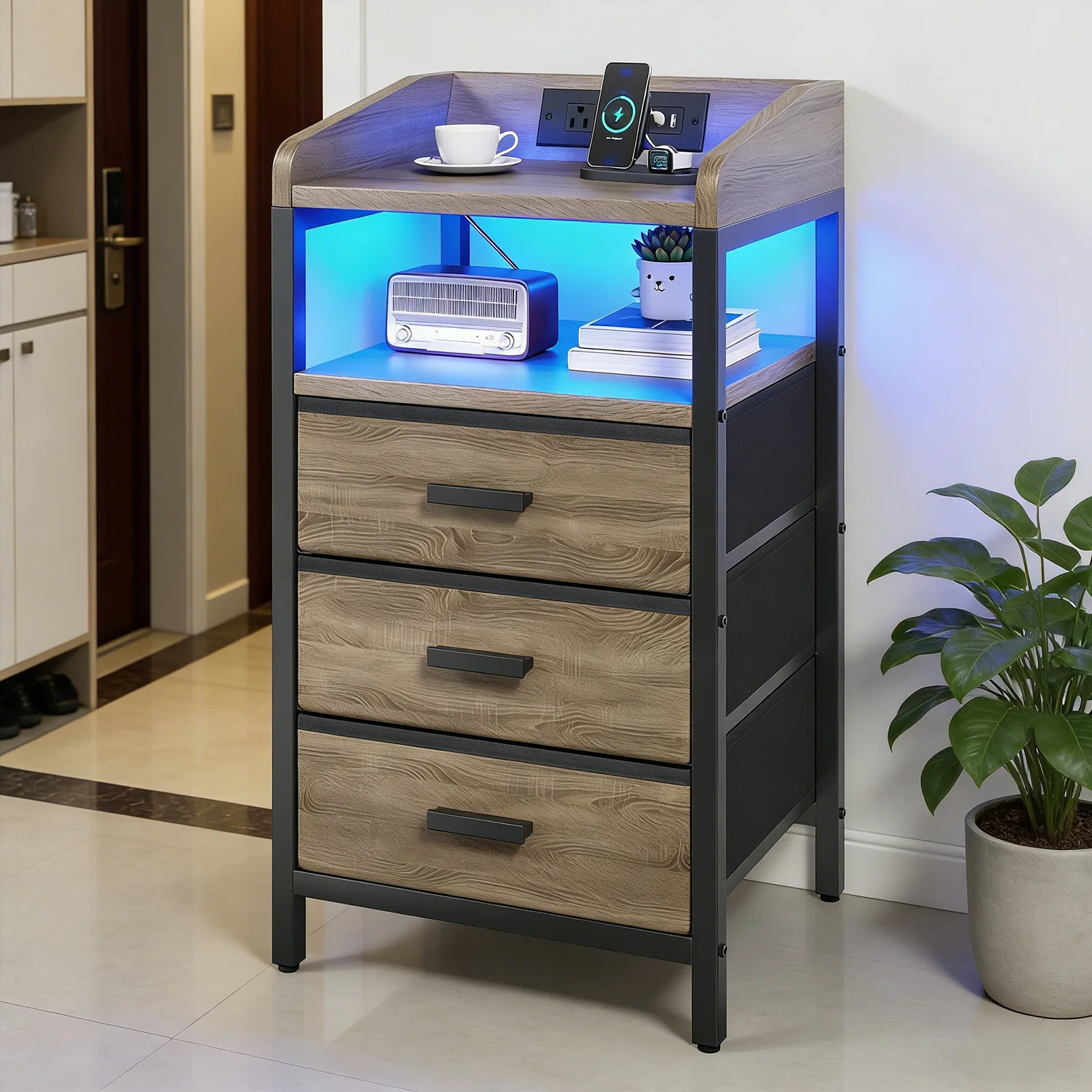 

US 2 Pack Night Stand with Charging Station and Light Bedside End Table with 3 Fabric Drawers 2 USB Ports Outlets for Bedroom