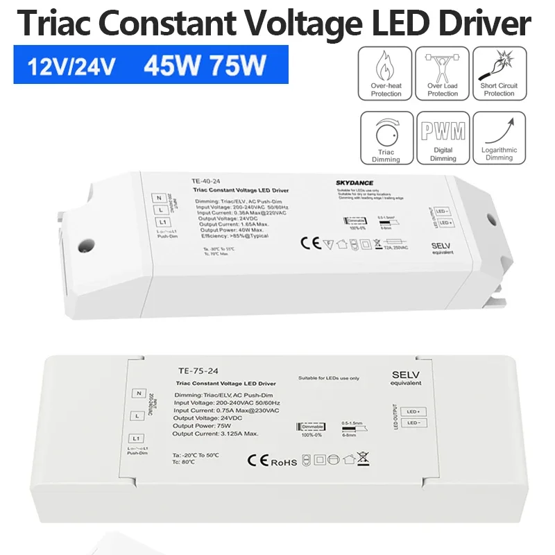 Triac LED Smart Driver Dimmable Constant Voltage AC220V DC12V/24V 1CH 40W/75W PWM Digital Triac Driver Dimming for LED Lighting