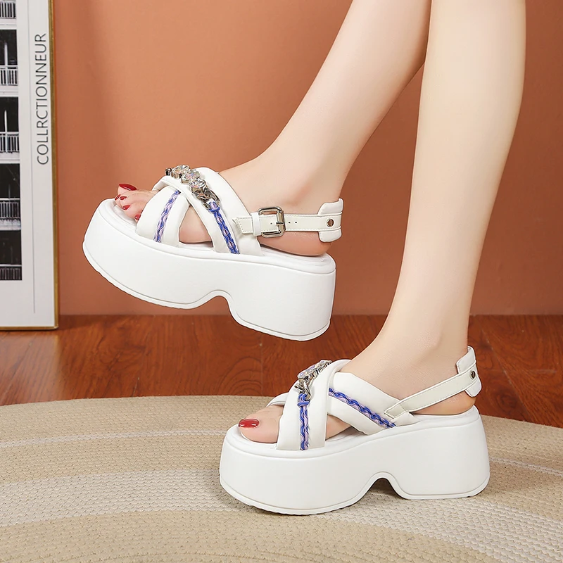 New Summer Women Chunky Sandals Leather High Platform Trainers Breathable Casual Slippers Shoes Woman 7.5CM Heels Wedge Sneakers