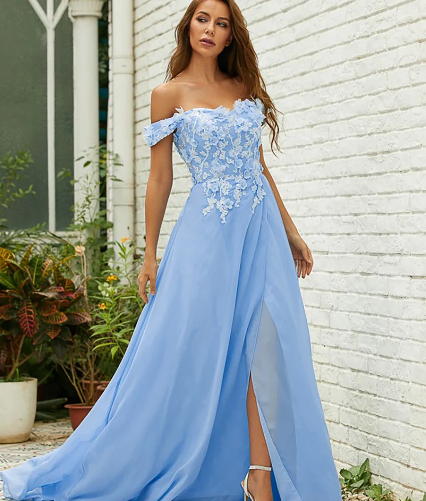 

Customized Fashion Chiffon A-Line Pearls 3D Flowers Evening Dress High Quality Sweetheart Short Sleeves Floor Length Party Gowns