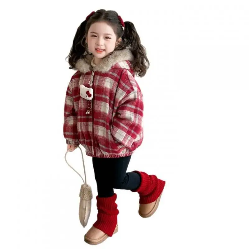 

Sanrio Girls Hello Kitty Thiened Fce зимнее пальто для девочек клетчатое шерстяное пальто Long Sve Sweet Sle свободного кроя с застежкой на одной пуговице