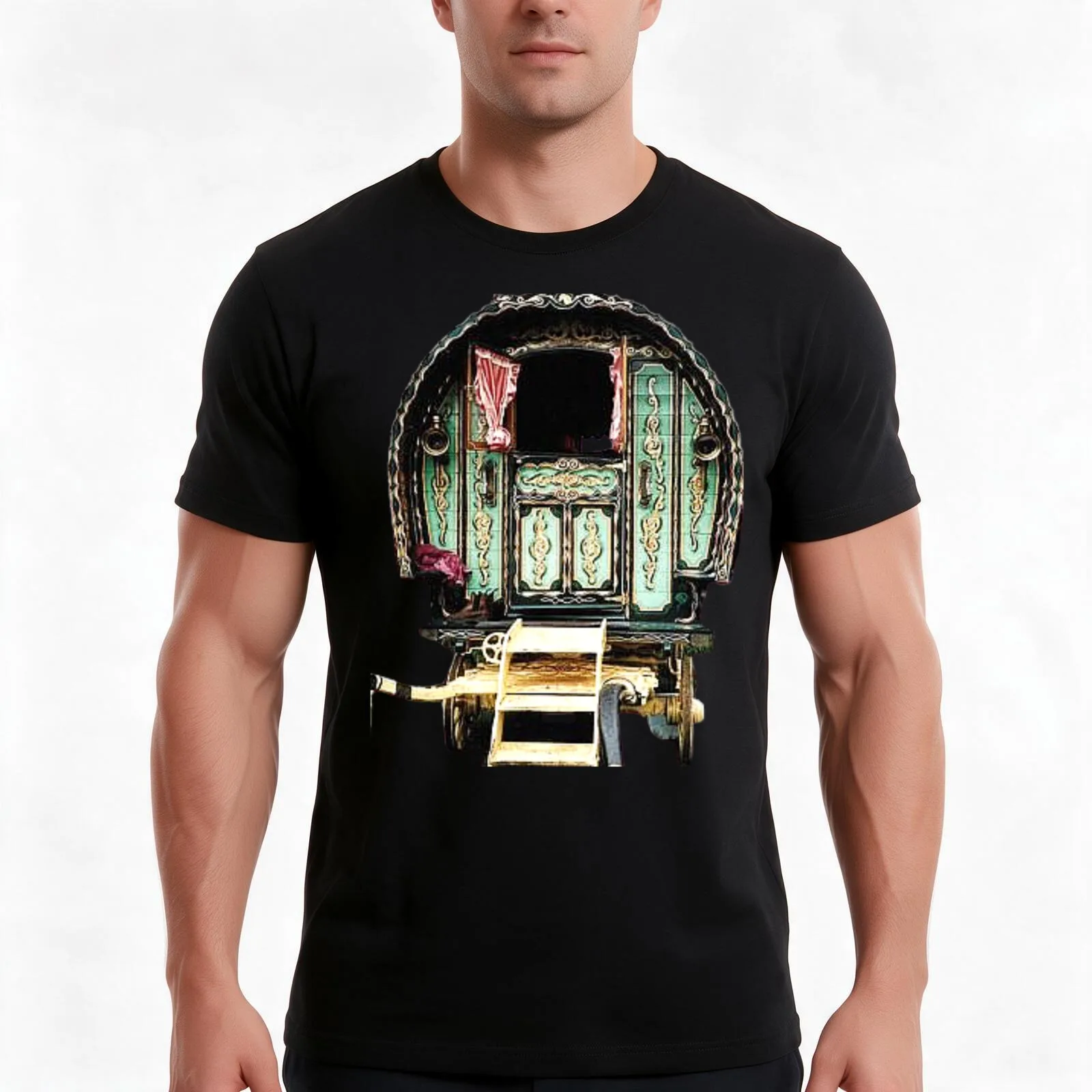 vardo gipsy wagon T-Shirt, Summer Casual Cotton Tee, Oversized Streetwear Tops, Vintage Graphic Print, Loose Fit Short Sleeve