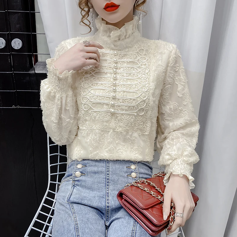 بلوزات بياقة قائمة على المحيط للنساء ، قمصان دانتيل عتيقة ، موضة كورية ، قمم بكشكشة ، أحادية اللون ، الخريف والشتاء