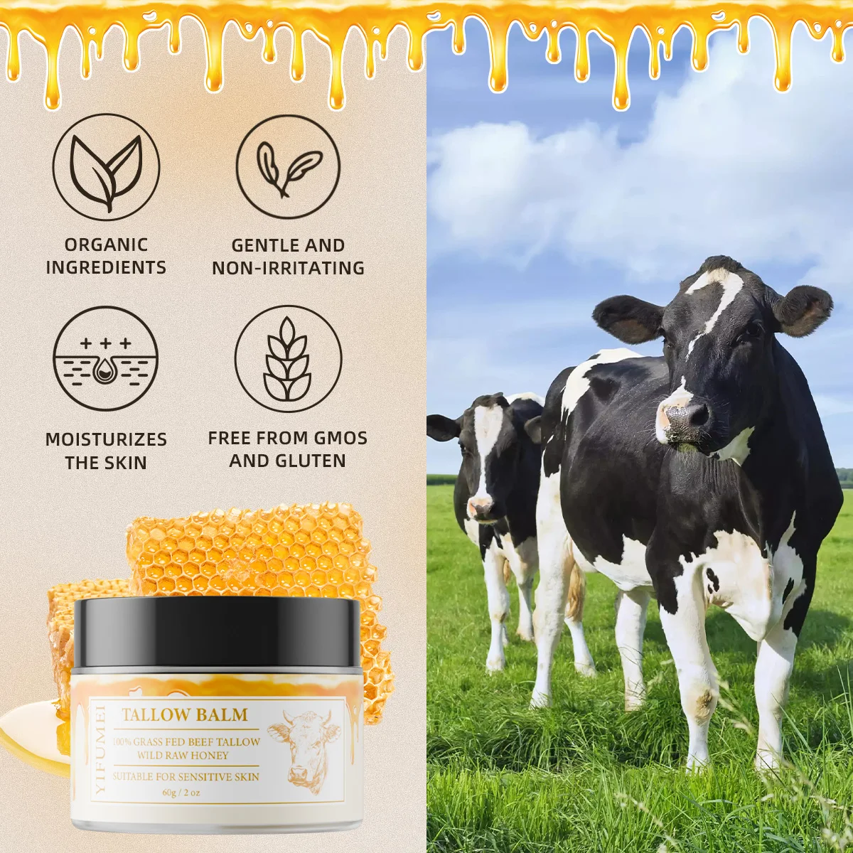 1PC Beef Tallow Paste For Skin Care, 60g Beef Neck Balm, Grass Fed Tallow Wild Honey, Face And Body Whipped Moisturizer