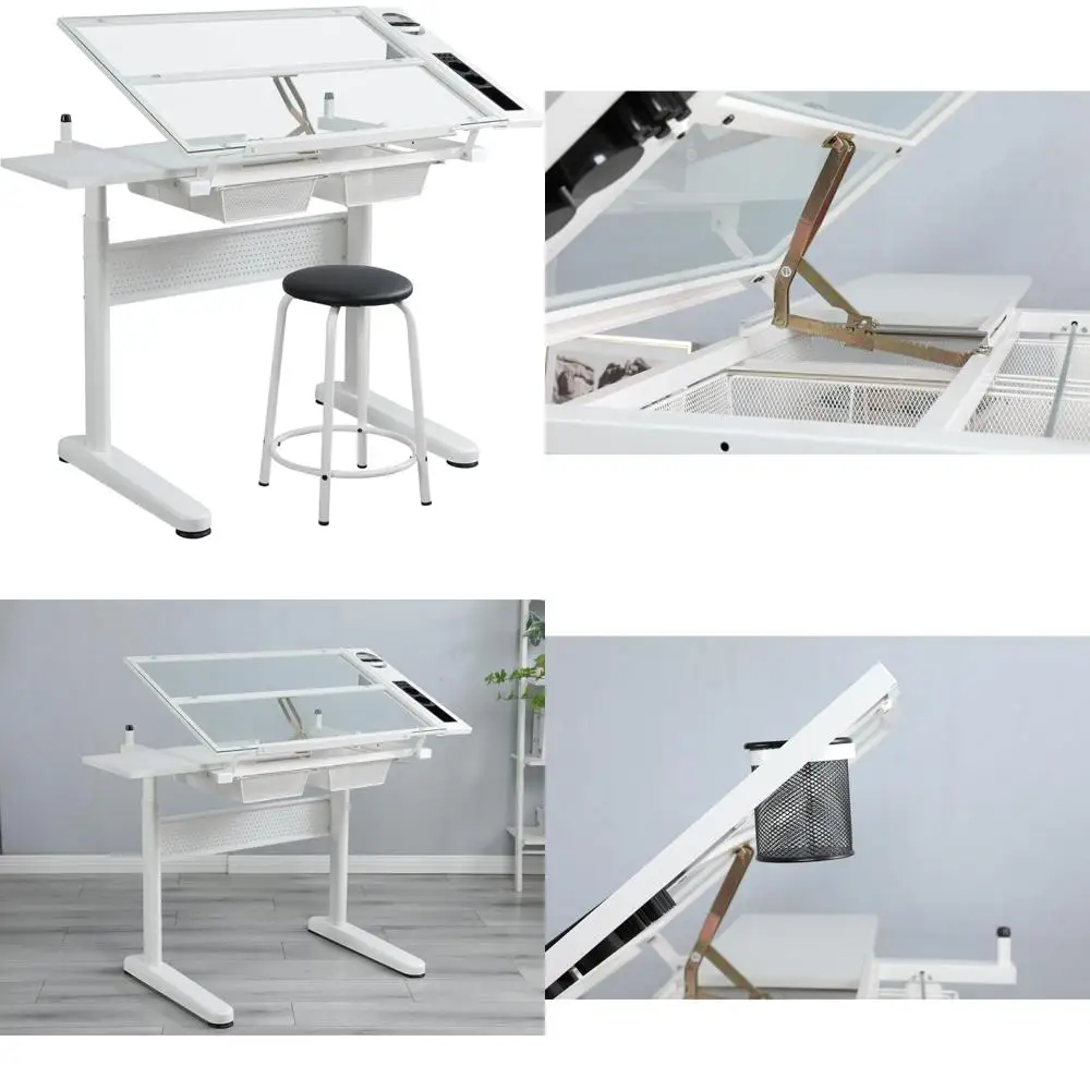 高さ調節可能なアーティストテーブル（チルトトップ付き）、製図用スツール、金属製収納棚2枚付き