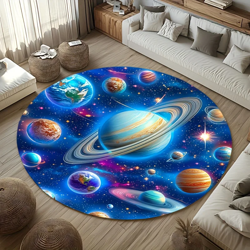 Flannel Printed Round Rug Solar System Planets Design Space Theme For Kids Room Nursery Decor Soft Non Slip Floor Mat