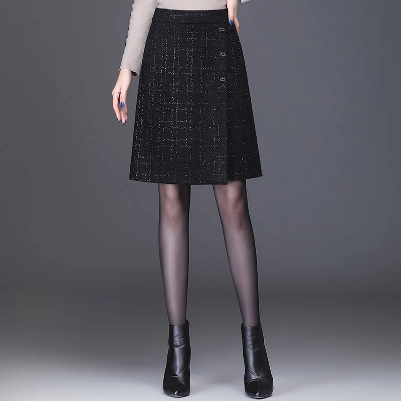 

ZUZK Fashion Plaid Short Skirt Lady Autumn Winter Elegant Chic High Waist Knee-Length Black Skirts Faldas Cortas