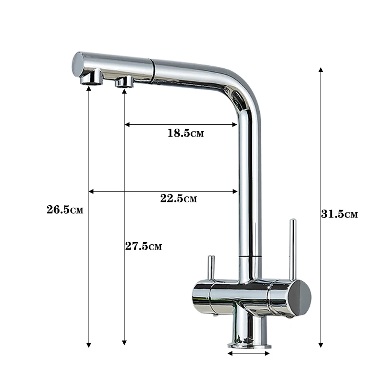 Ausziehbarer Küchenarmatur mit doppeltem Schwenkauslauf, Trinkwasserfilter, Messing, Luftreiniger, Gefäß, Waschbecken, Mischbatterie, heißer und