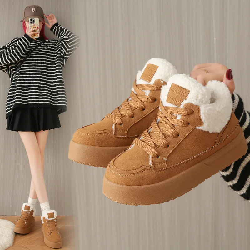 Plush casual shoes for women in winter 2025  new Korean version warm sports shoes learning cotton shoes