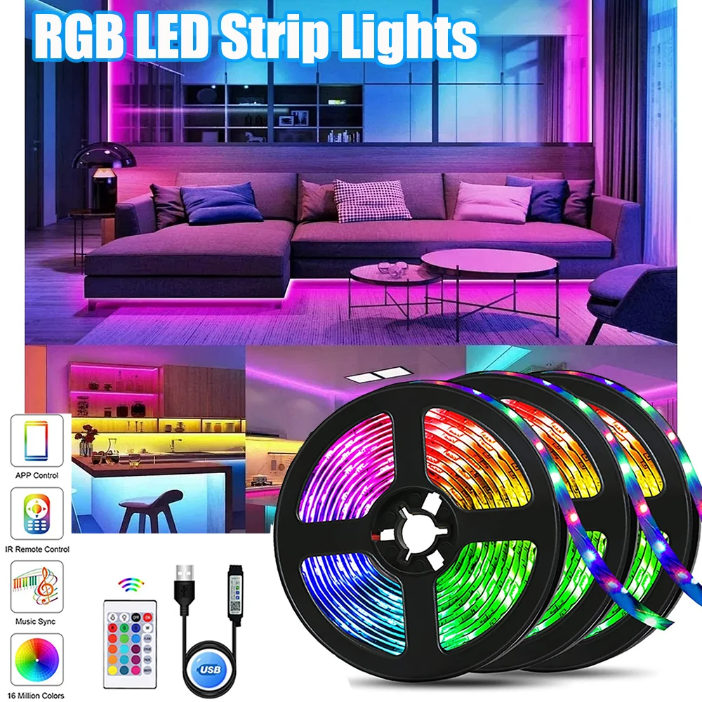 

New 5/10/15M 5V Rechargeable Usb Led Strip Lights Rgb Neon TV Gaming Wall Room Decor Christmas Lights Led Ribbon Atmosphere Lamp
